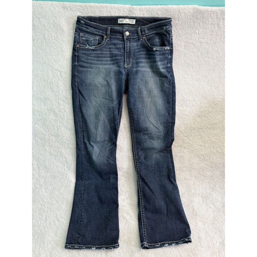 BKE Payton Jeans Women's 32 Blue Bootcut Denim Whisker Distressed RIPPED SEE PIC